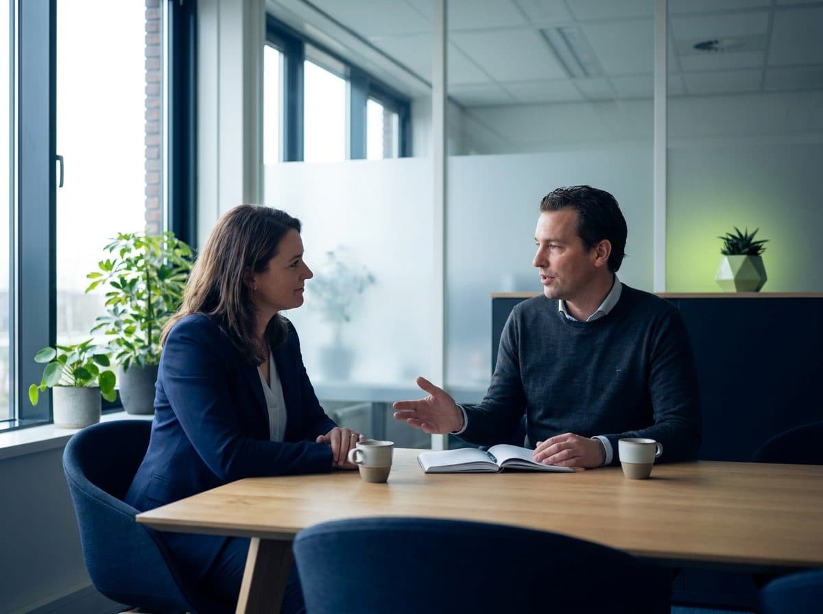 Twee mensen in gesprek aan een vergadertafel.
